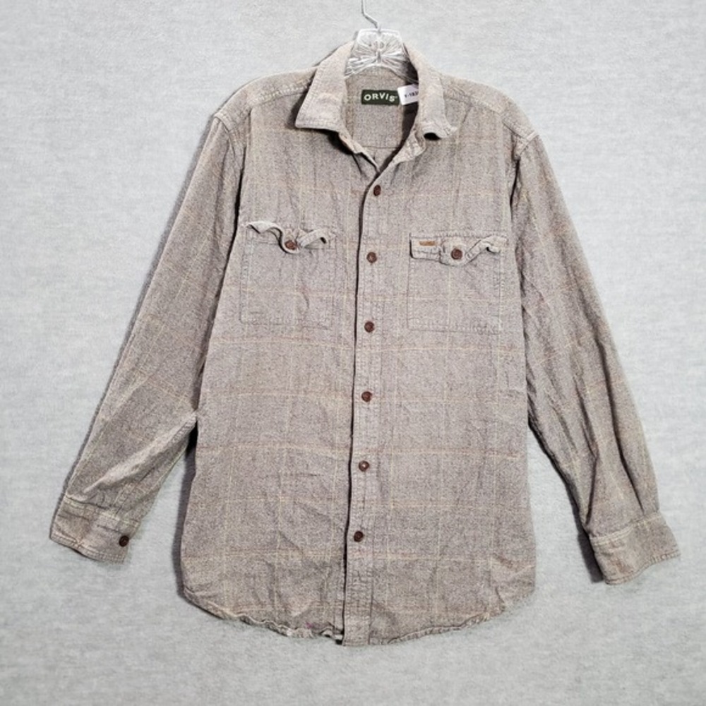 Orvis Men Button Up Shirt Medium Gray Plaid Fair Banks Flannel Elbow Pads Pocket